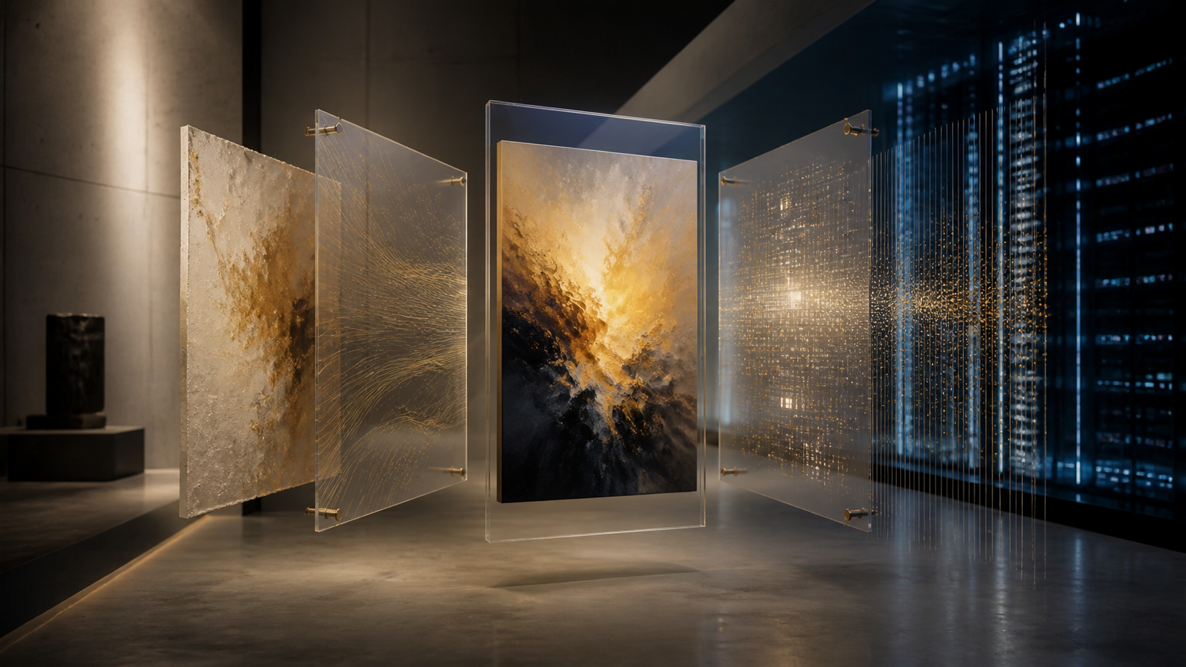A digital artwork displayed between translucent layers in a contemporary gallery, representing the distinct human and machine contributions behind AI-assisted art.