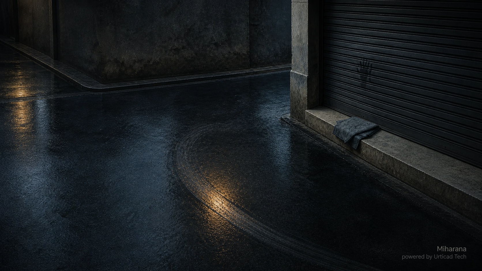 A rain-darkened street and shutter from Miharana's Before the First Van, marked Miharana powered by Urticad Tech.