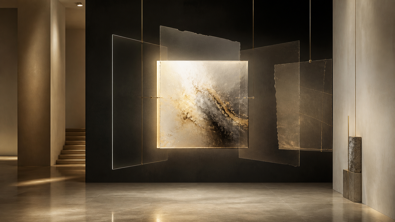 A luminous abstract digital artwork in a quiet gallery, surrounded by aligned, fragmented and offset translucent layers representing different states of provenance evidence.
