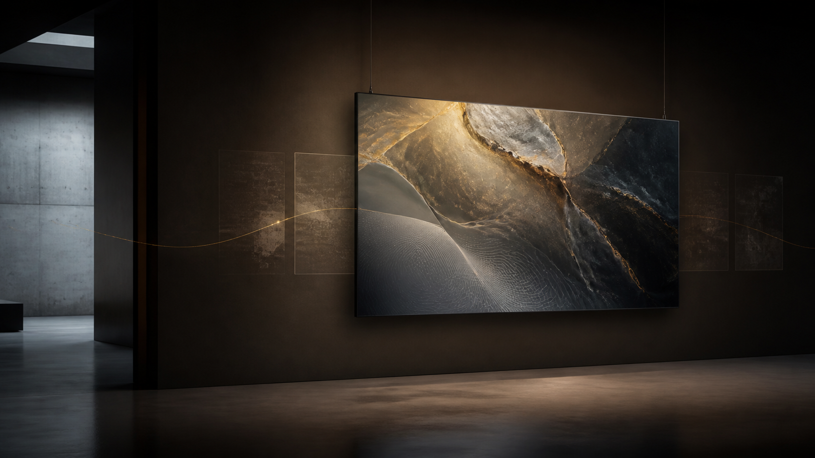 A luminous abstract digital artwork in a dark contemporary gallery, connected by a fine gold line to translucent archival layers.