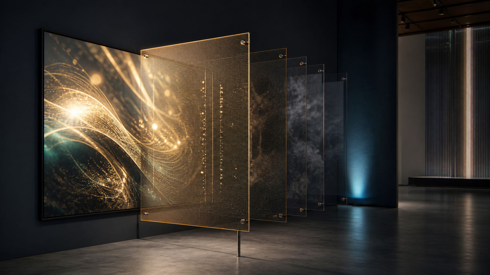 A luminous digital artwork in a quiet dark gallery, with a clear golden verification layer in front and private archival layers softly obscured behind it.