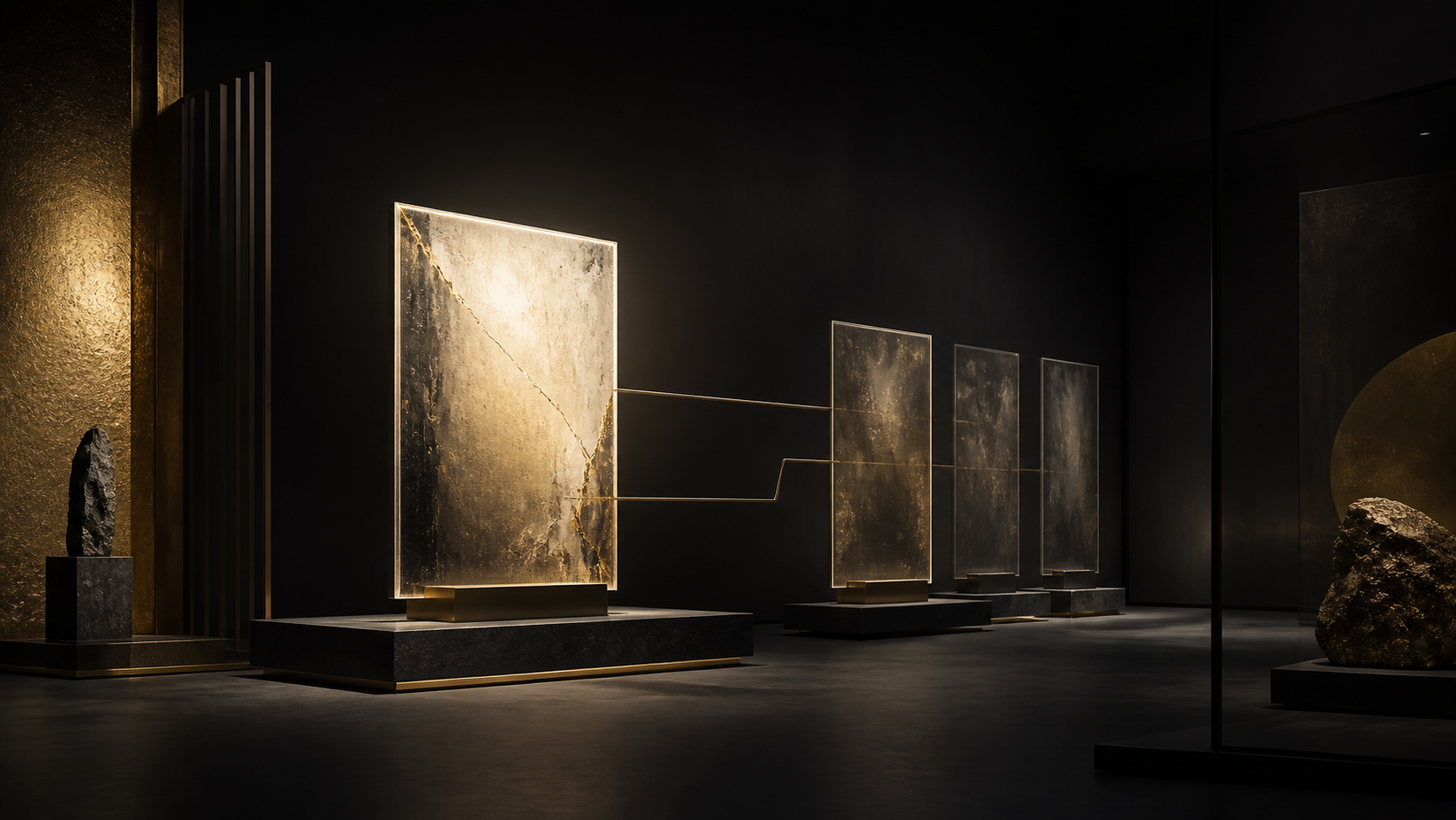 A luminous master artwork panel in a dark contemporary studio, with several softer derivative panels branching from it along restrained metallic traces.