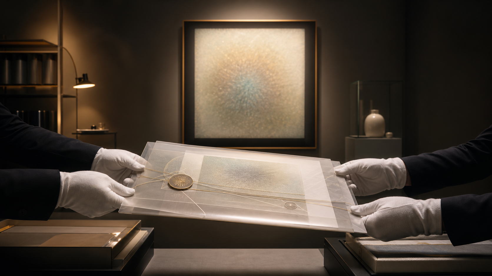 Gloved handlers transfer a translucent archival evidence pack in a quiet contemporary gallery.