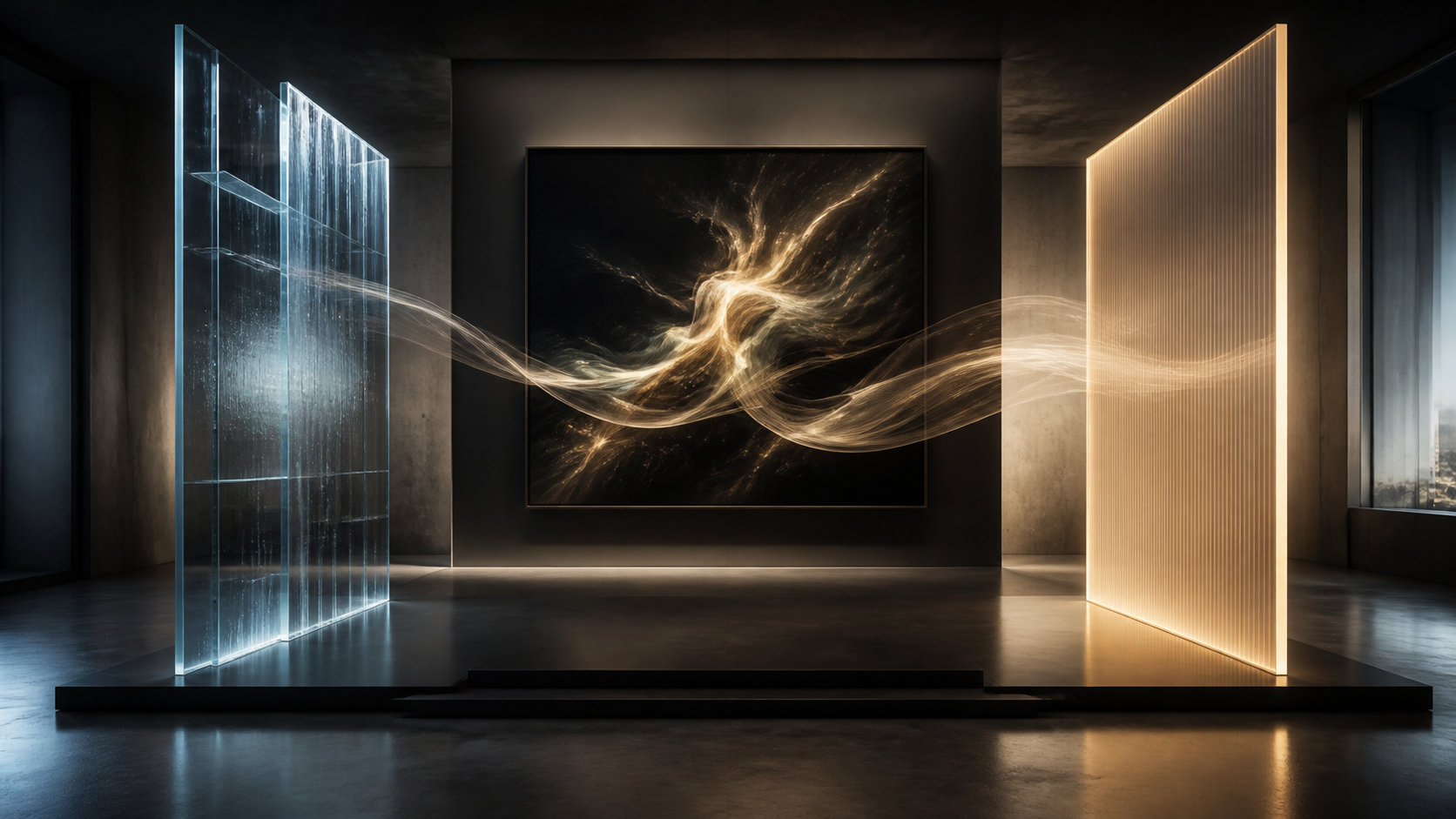 A luminous digital artwork sits between a transparent provenance record and a separate permission layer in a restrained contemporary gallery.