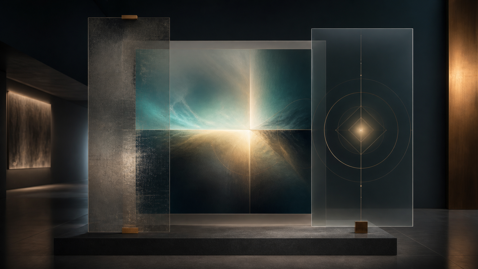 A luminous digital artwork is aligned with translucent provenance and signer layers in a quiet contemporary gallery.