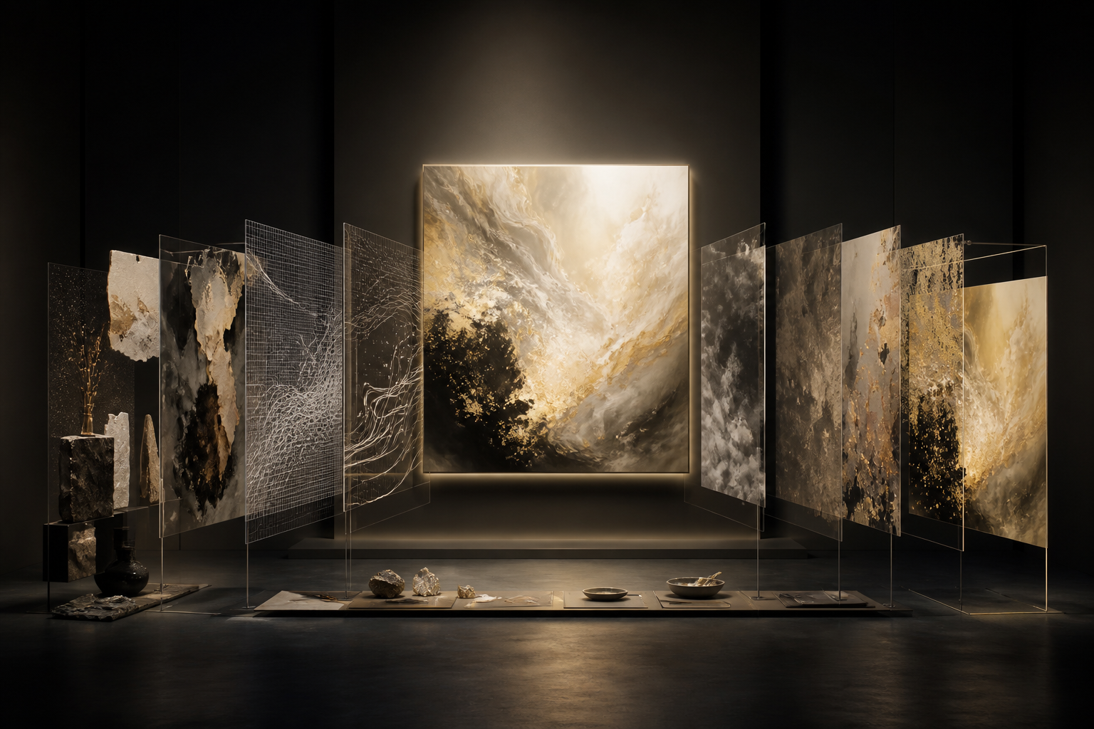A luminous digital artwork is surrounded by translucent layers representing stages in an AI-assisted creative process.
