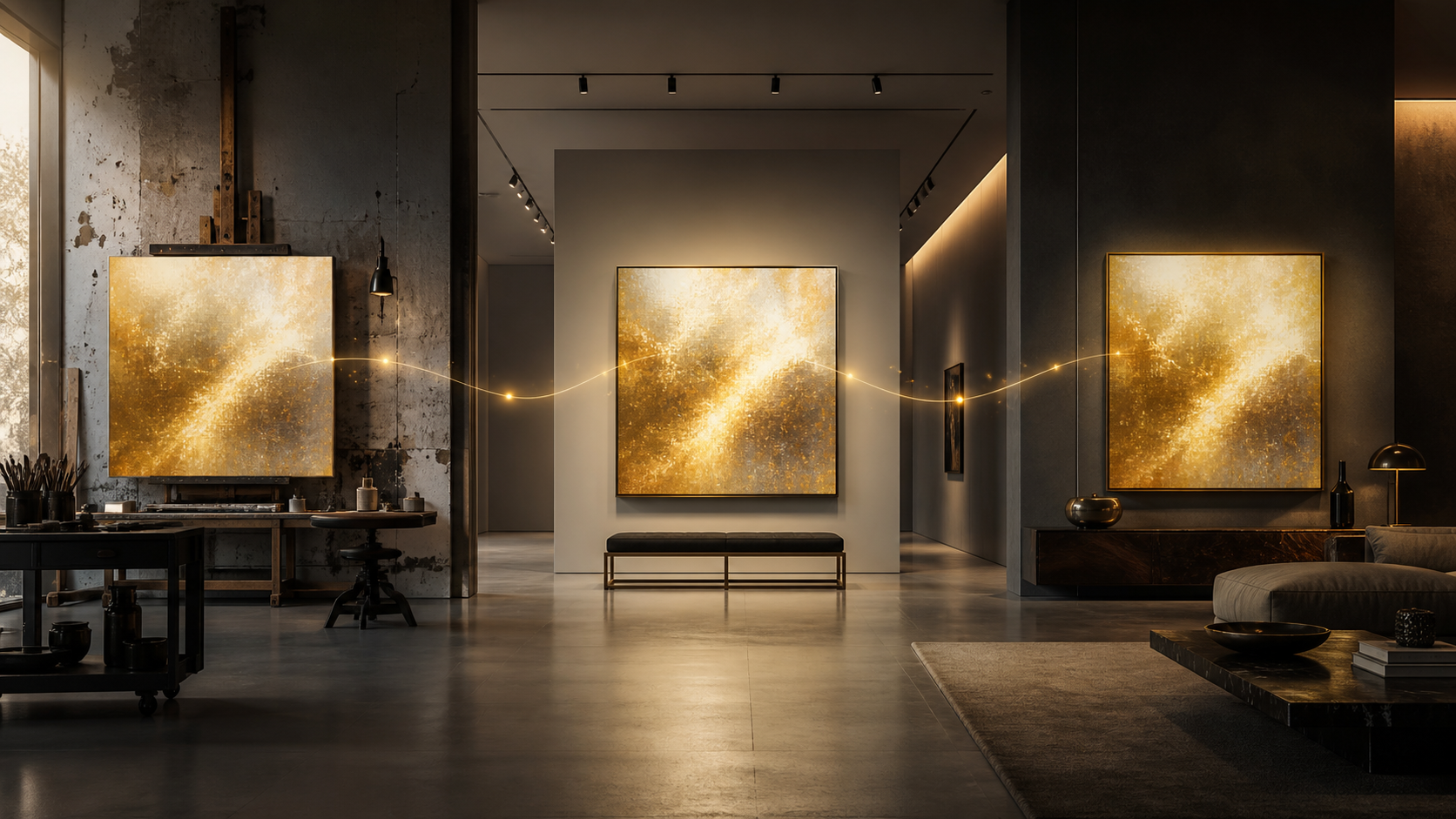 A single luminous digital artwork shown across an artist studio, a gallery and a collector setting, connected by a fine golden line representing continuous provenance.